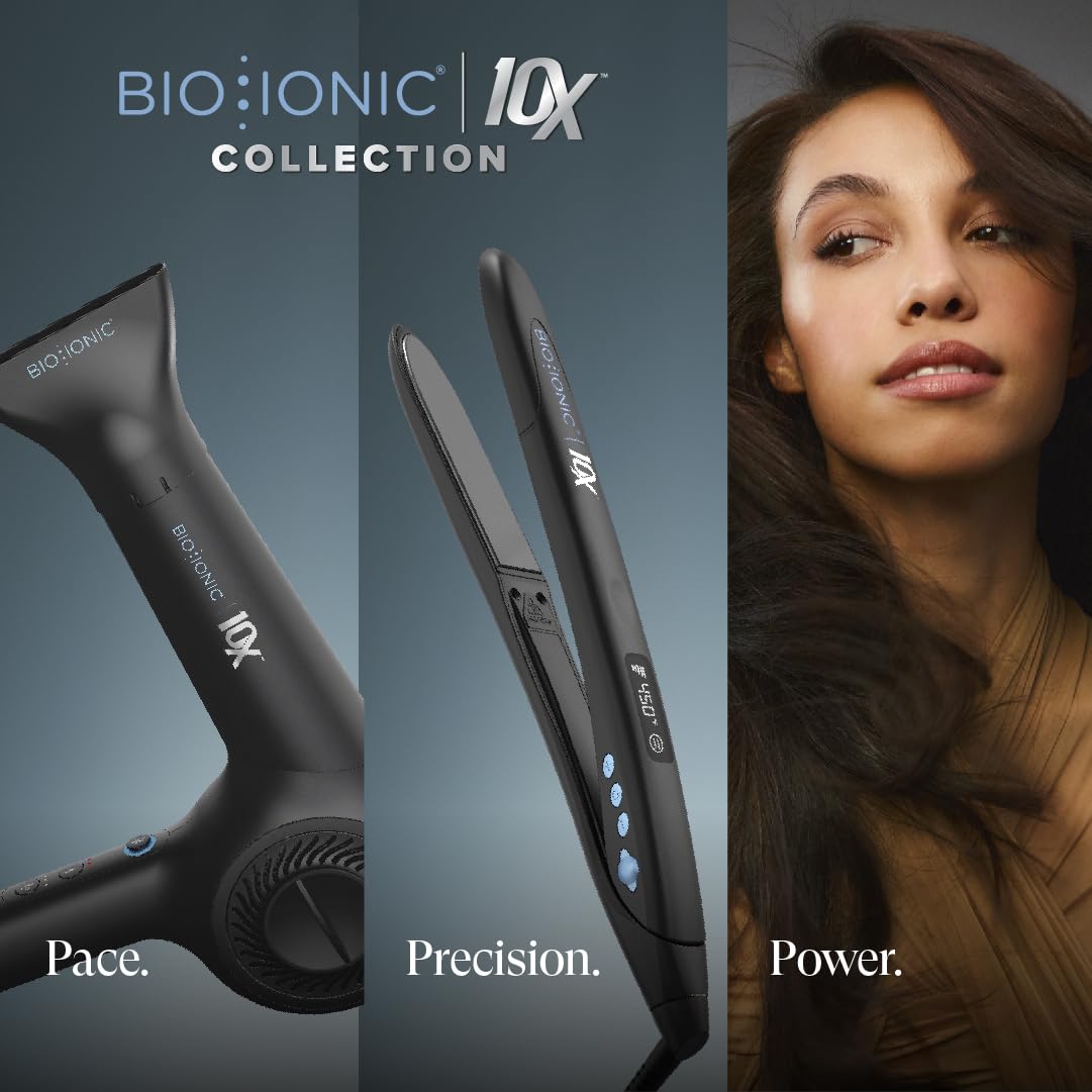 Bio Ionic before and after shiny finish comparison showing reduced frizz and shine
