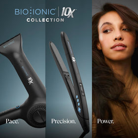 Bio Ionic before and after shiny finish comparison showing reduced frizz and shine