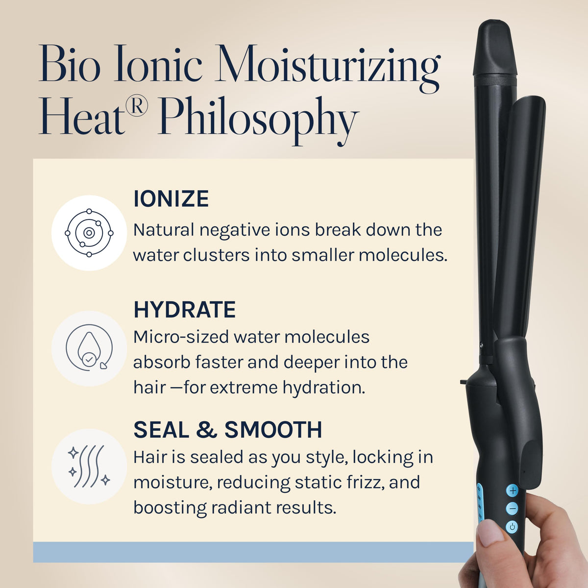 Bio Ionic curling iron creating loose waves in a lifestyle setting for natural-looking curls