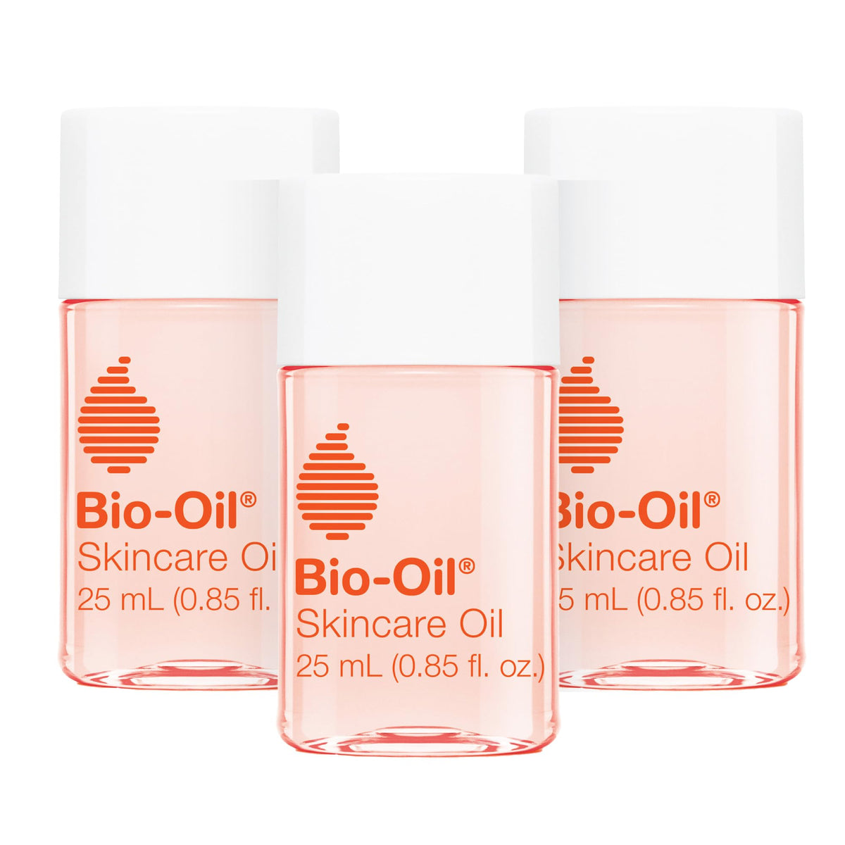 Bio-Oil front packaging showing three travel-sized bottles and clear branding for travel convenience