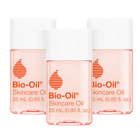 Bio-Oil front packaging showing three travel-sized bottles and clear branding for travel convenience