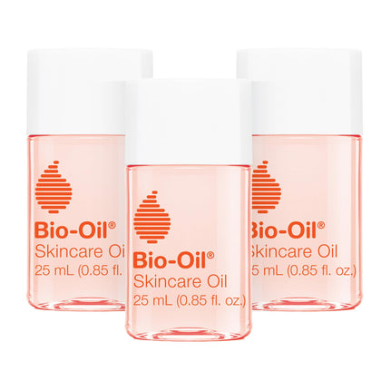 Bio-Oil front packaging showing three travel-sized bottles and clear branding for travel convenience