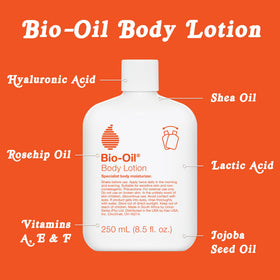 Bio-Oil lotion next to towel illustrating post-shower hydration benefit