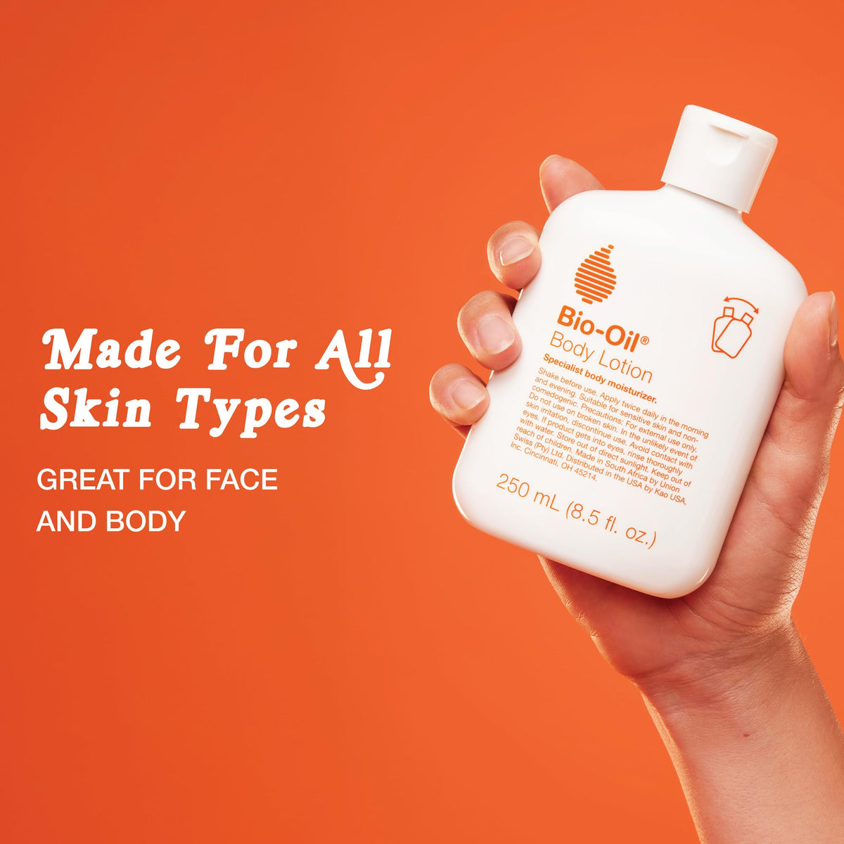 Bio-Oil 8.5 oz bottle in hand for size and scale reference