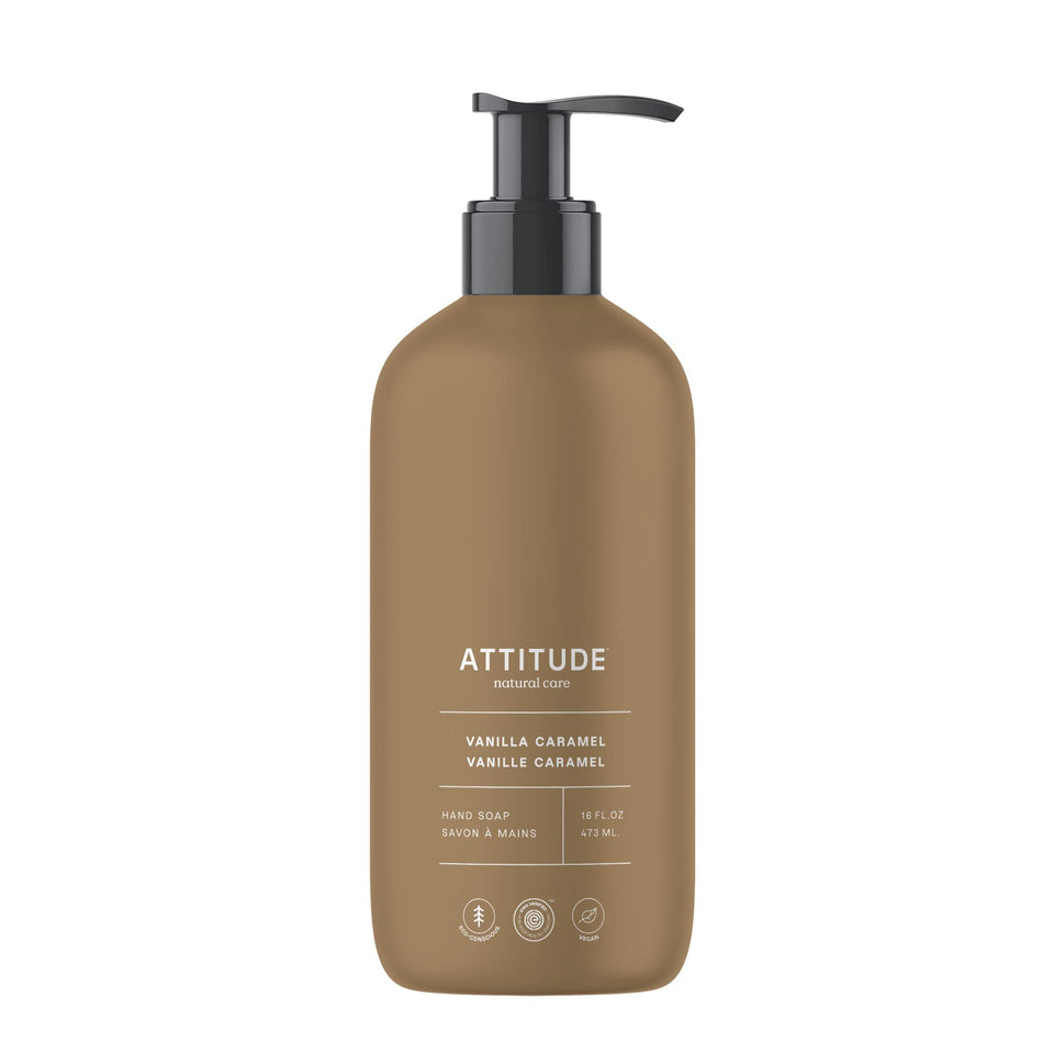 BIO SPECTRA ATTITUDE front packaging showing vanilla caramel scent and recyclable bottle benefit