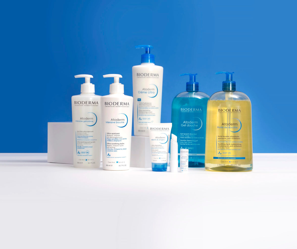 Bioderma Atoderm placed in bathroom scene highlighting family-friendly use