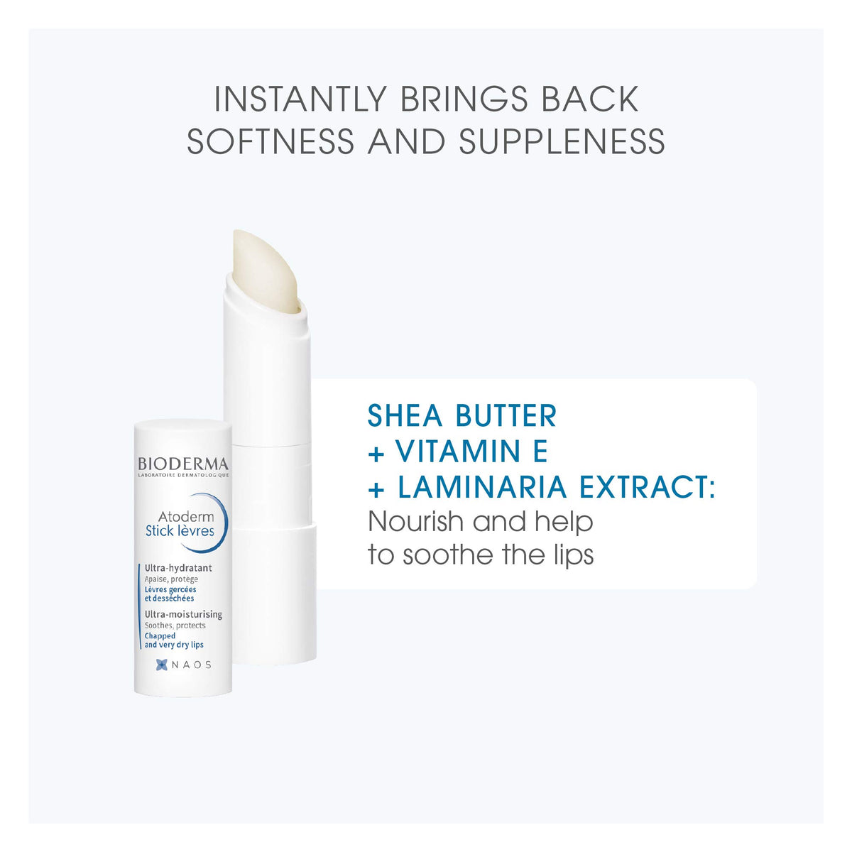 Bioderma Atoderm stick being applied to lips for immediate comfort