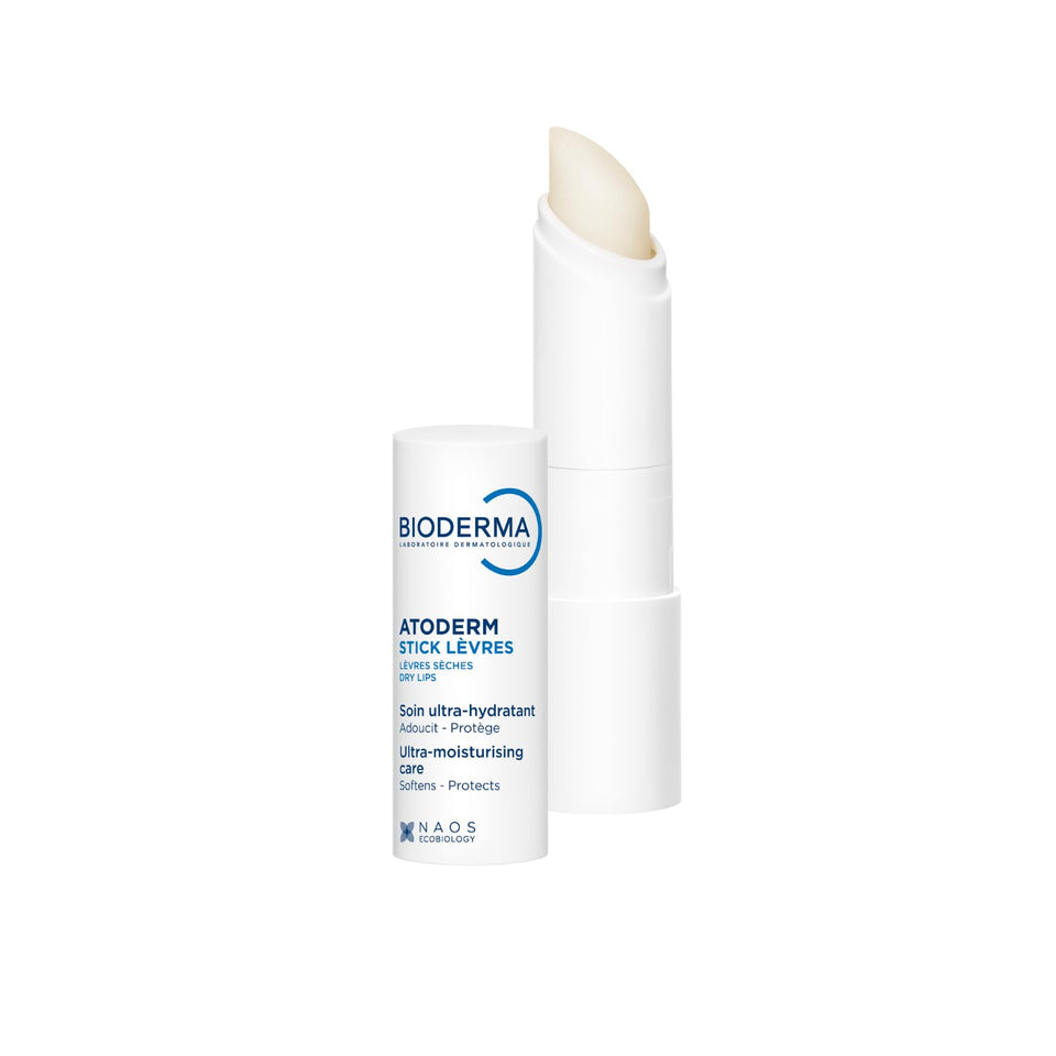 Bioderma Atoderm lip stick front packaging showing compact, travel-friendly balm