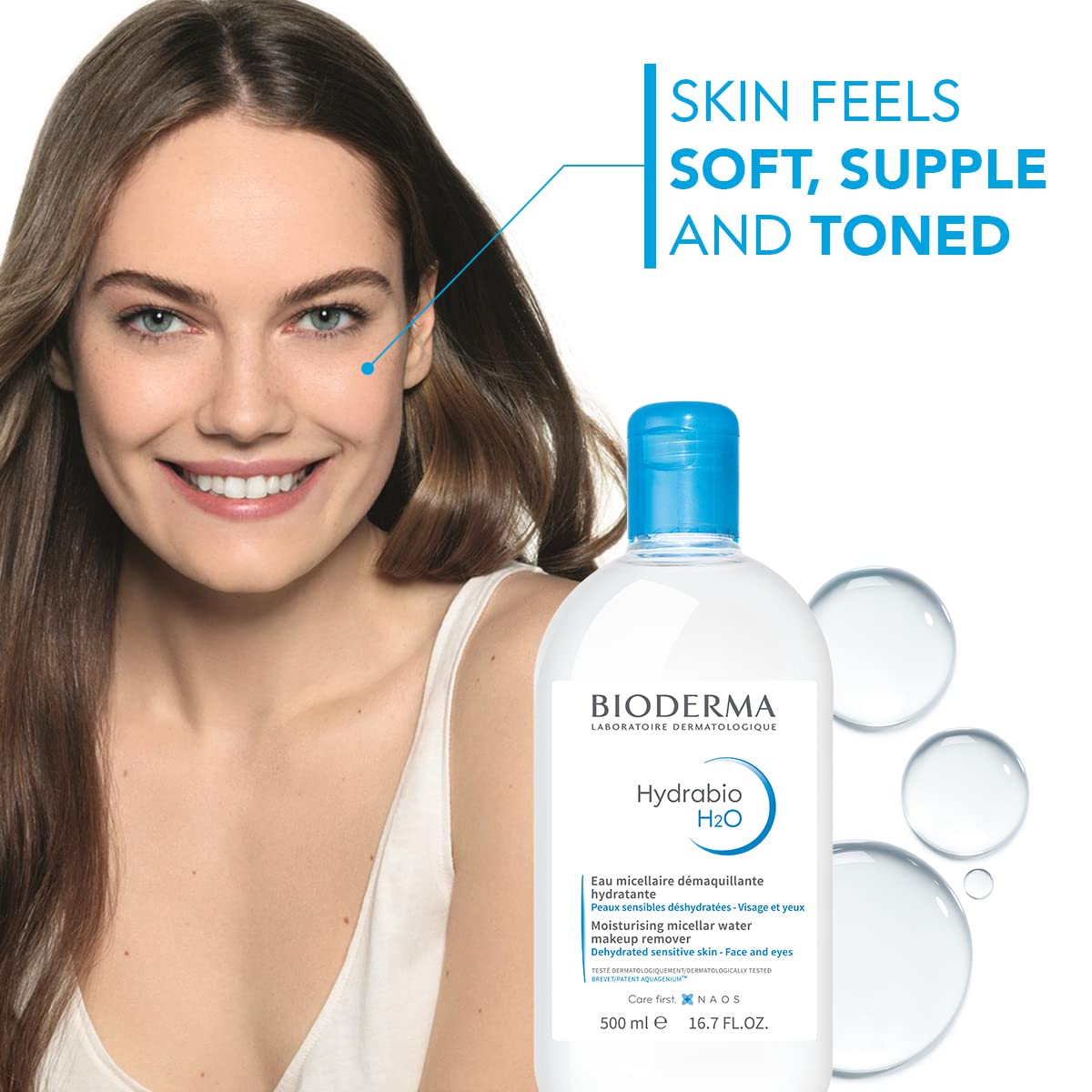 Removing eye makeup with Bioderma on cotton pad showing gentle, non-irritating benefit