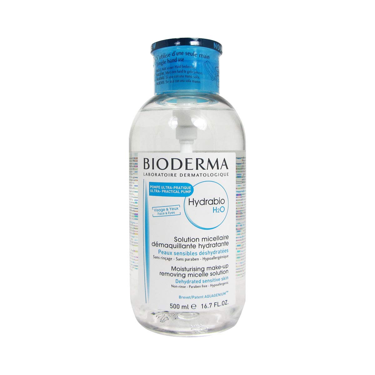 Bioderma Hydrabio H2O pump bottle front view showing convenient dispenser and hydration benefit