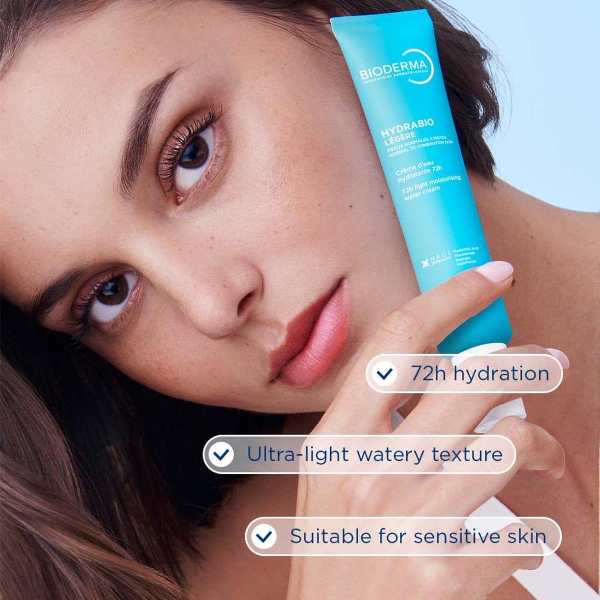 Bioderma under makeup on model demonstrating primer-friendly benefit