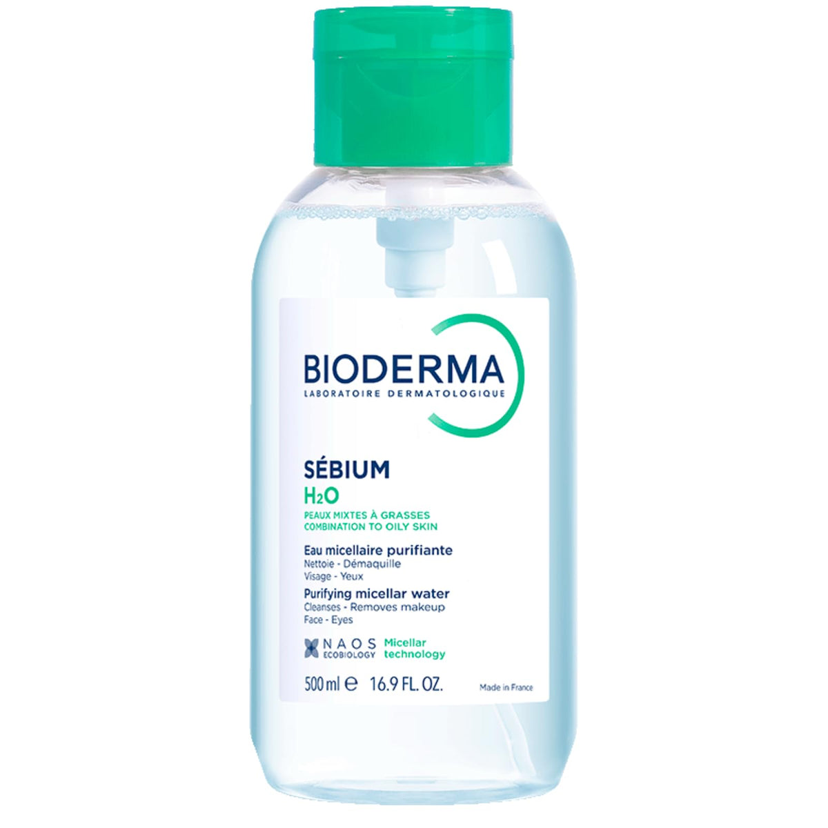 Bioderma Sébium H2O pump bottle front view showing clean design and easy dispensing benefit