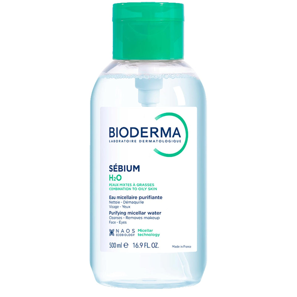 Bioderma Sébium H2O pump bottle front view showing clean design and easy dispensing benefit