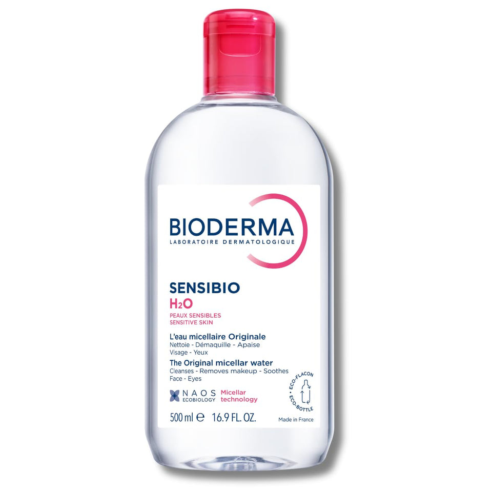 Bioderma Sensibio front packaging showing clear bottle and label, gentle cleansing