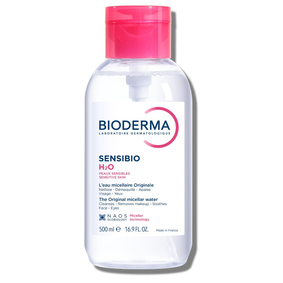 Bioderma Sensibio front bottle showing label and pump, gentle daily cleansing