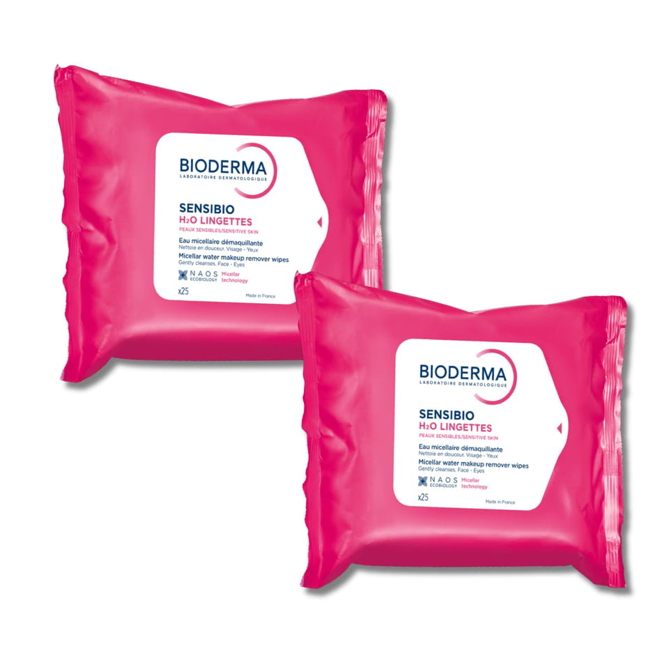 Bioderma front packaging of Sensibio H2O wipes showing resealable pouch and 50 count for convenience
