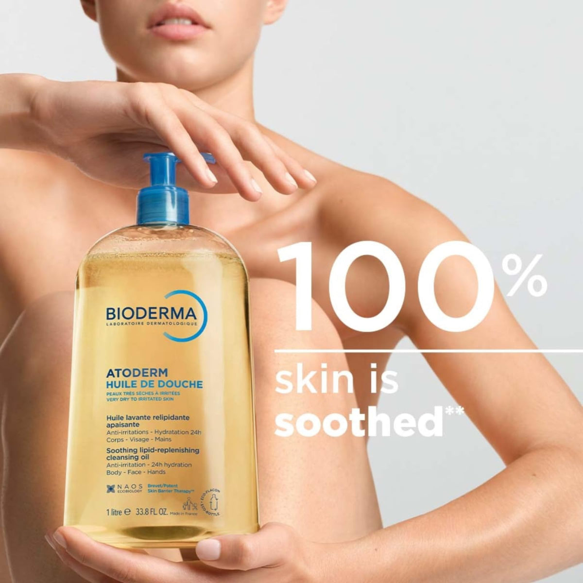 Texture close-up of Bioderma Toderm oil-to-milk formula highlighting smooth, hydrating feel