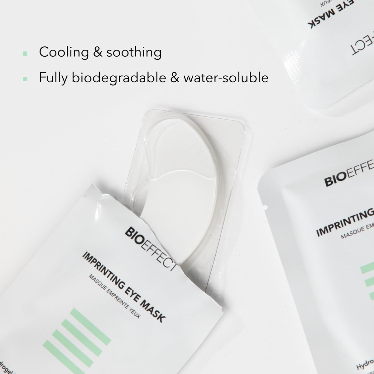 Bioeffect masks on bathroom vanity styled with towel, suggesting easy at-home refresh