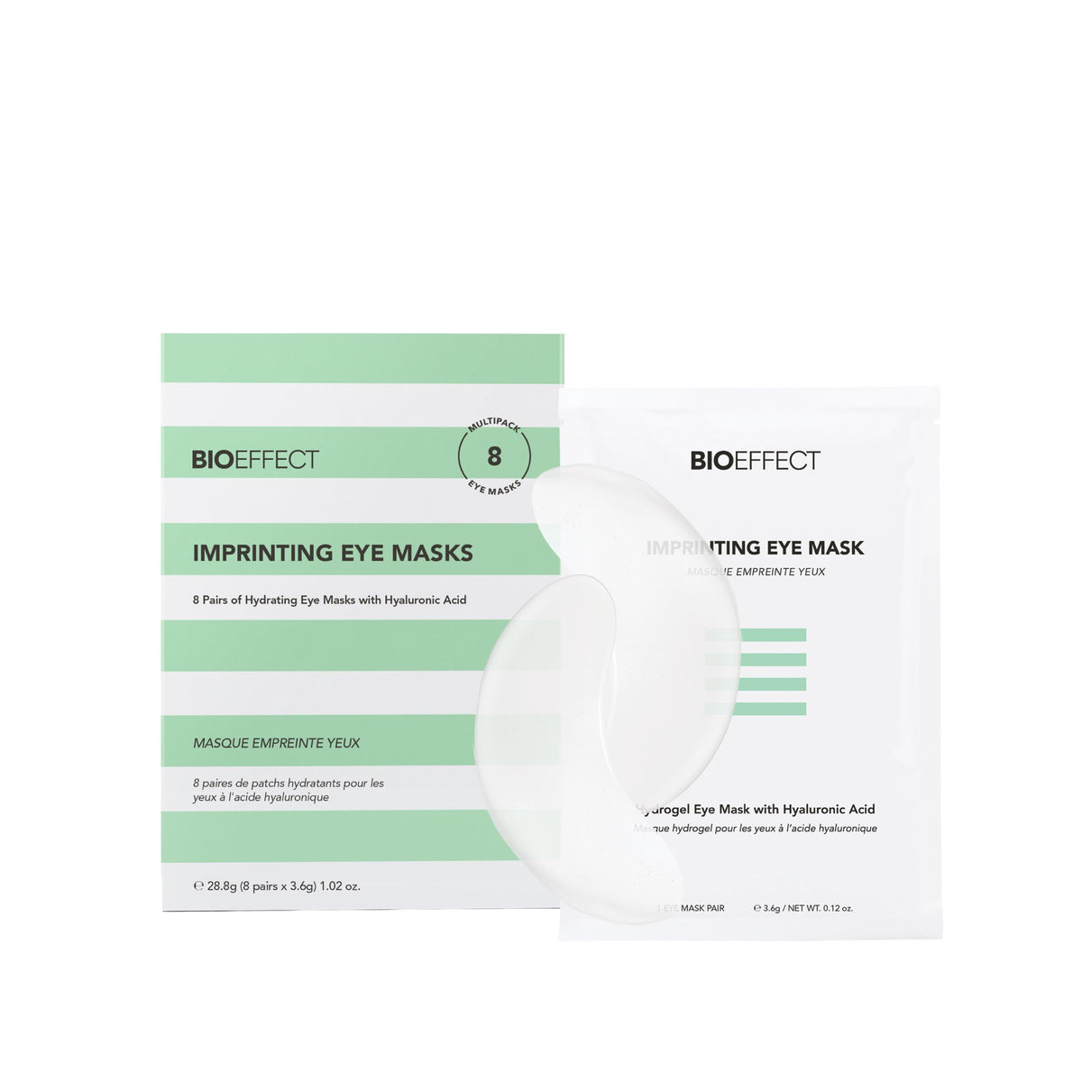Bioeffect front packaging showing 8 pairs and product name, clear benefit of hydration