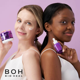 BIOHEAL BOH on bathroom vanity styled with flowers for a spa-like routine moment