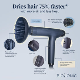 BIO IONIC diffuser close-up highlighting tapered fingers for defined curls and less frizz