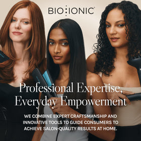 BIO IONIC on bathroom vanity styled scene communicating salon-quality results at home