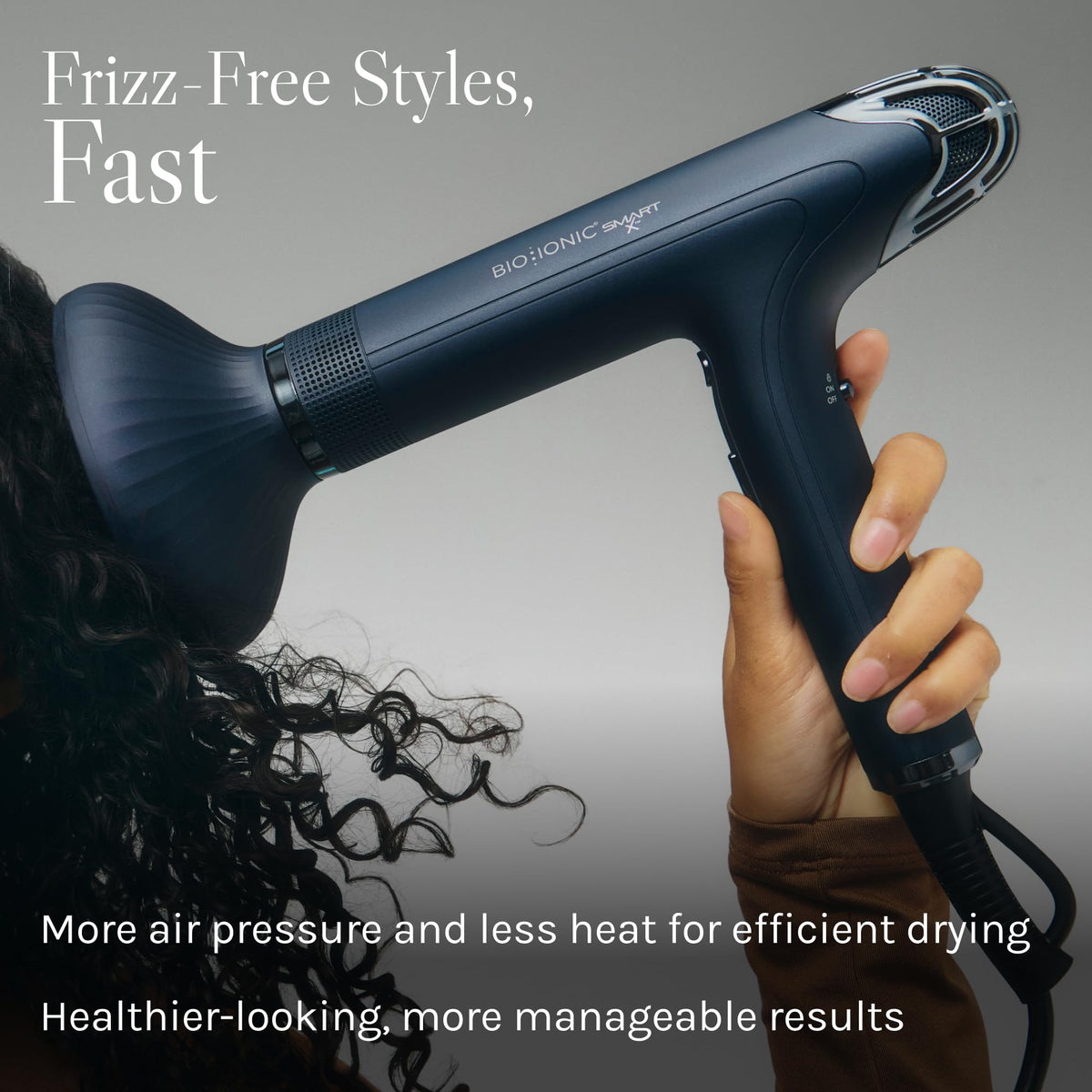BIO IONIC side profile view revealing compact body for balanced handheld styling comfort