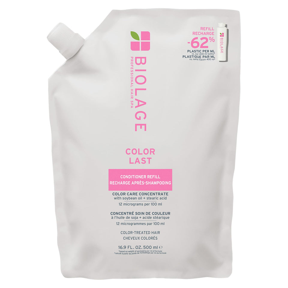 Biolage front packaging showing refill pouch and branding for eco benefit