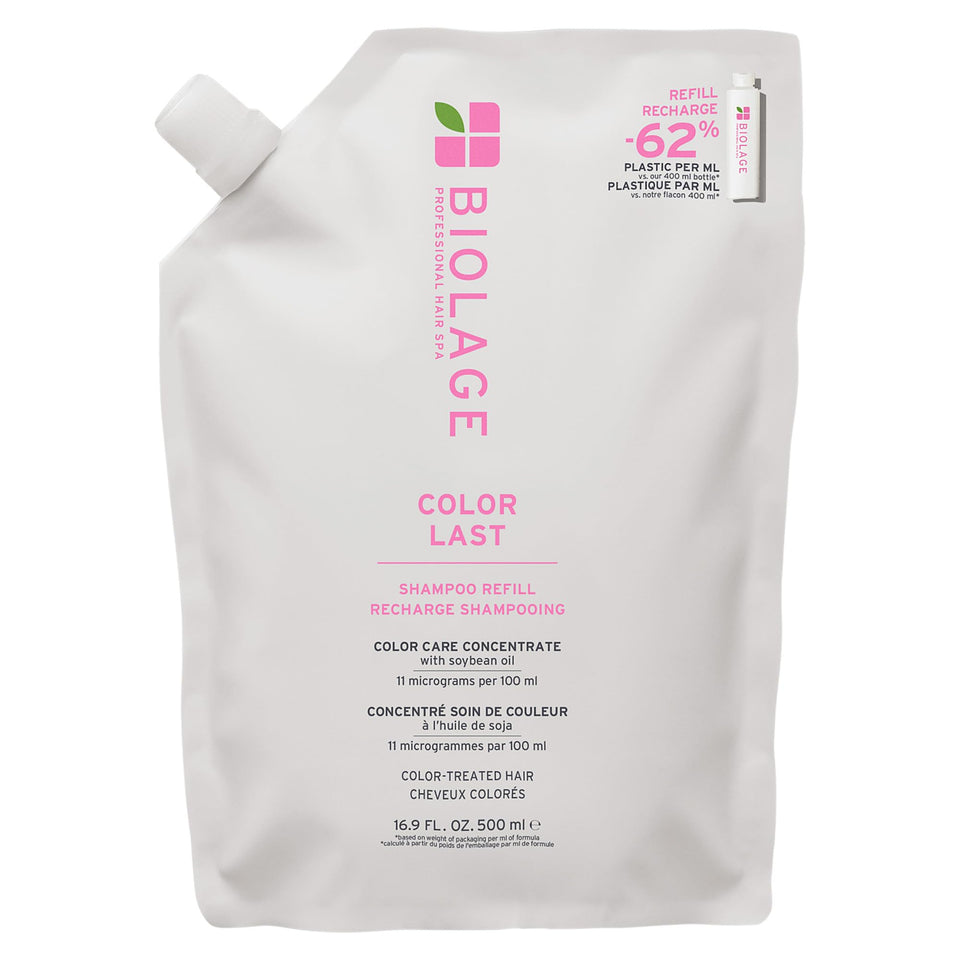 Biolage refill pouch front view showing product benefits and branding for convenience