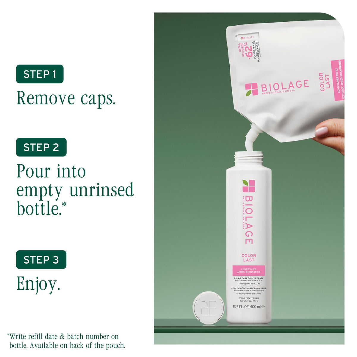Refill pouch next to full bottle comparing Biolage plastic savings