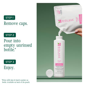 Refill pouch next to full bottle comparing Biolage plastic savings