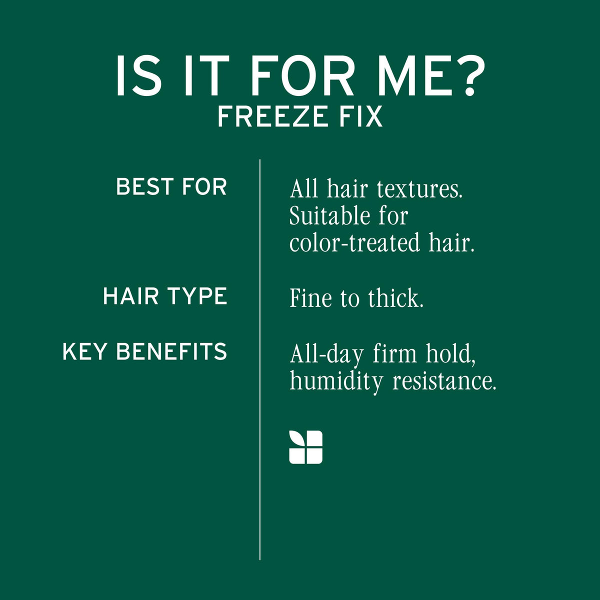 Biolage Freeze Fix on shiny textured hair detailing smooth frizz-free finish