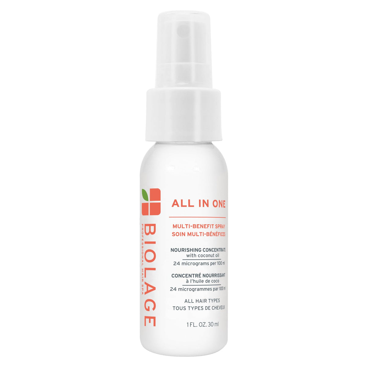 Biolage front packaging showing the 1 fl oz spray and benefits