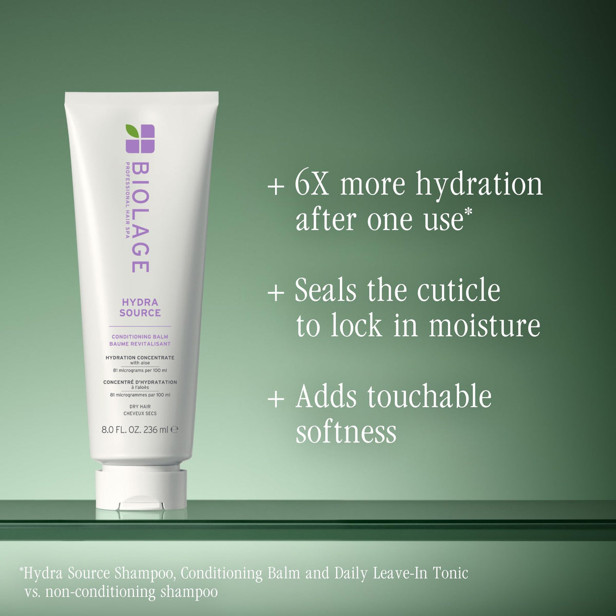 Biolage conditioner pouring to show consistency and easy spreadability
