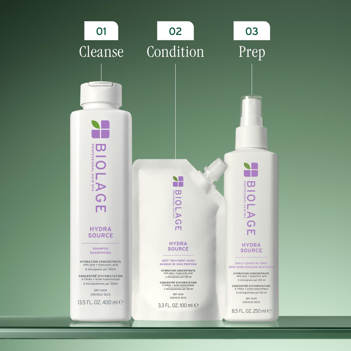 Biolage pouch beside a bottle illustrating reduced-plastic packaging benefit