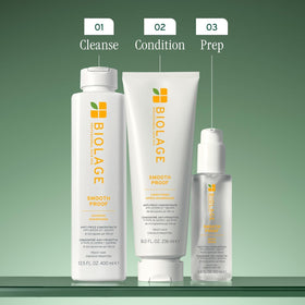 Biolage Smooth Proof paired with conditioner and serum for layered smoothing routine