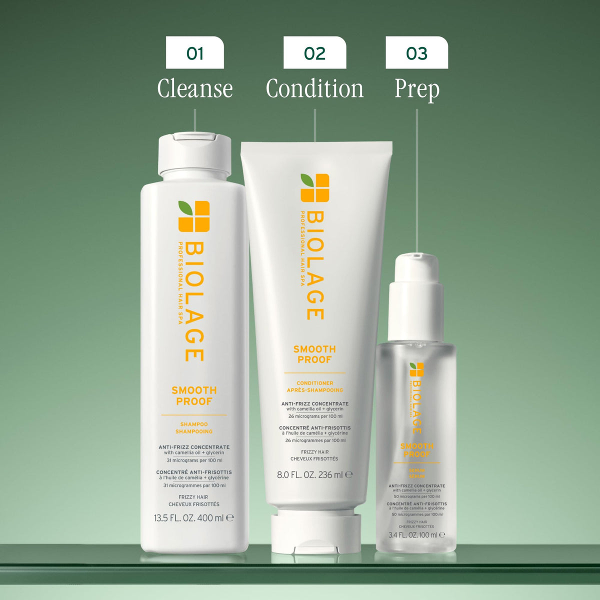 Biolage bottle beside camellia flowers and glycerin to show key ingredients benefit