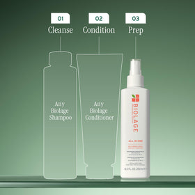 Biolage being sprayed on wet hair to detangle and prime for styling
