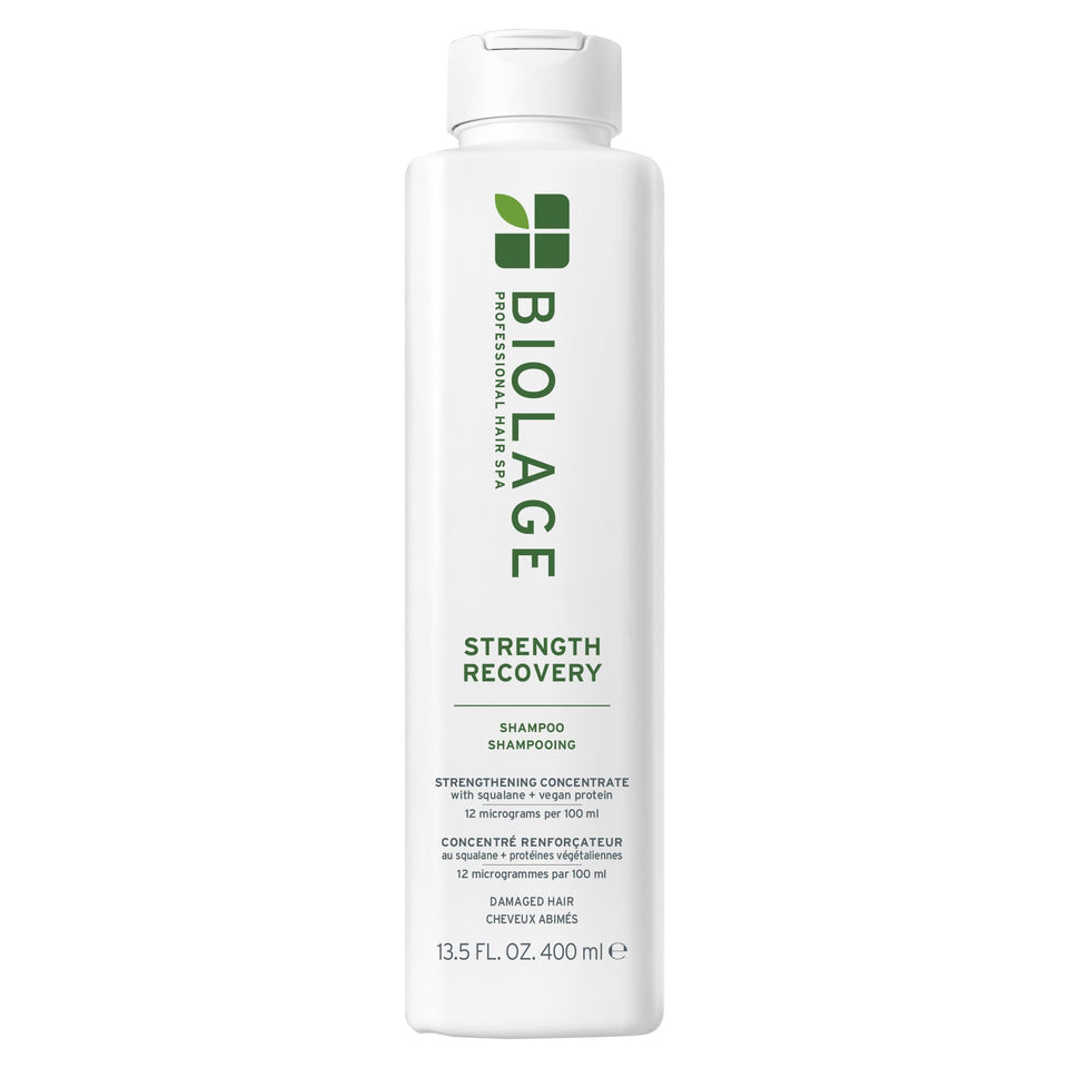 Biolage front bottle view showing Strength Recovery branding and benefits