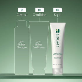 Biolage before and after on curls demonstrating definition and reduced frizz with shine