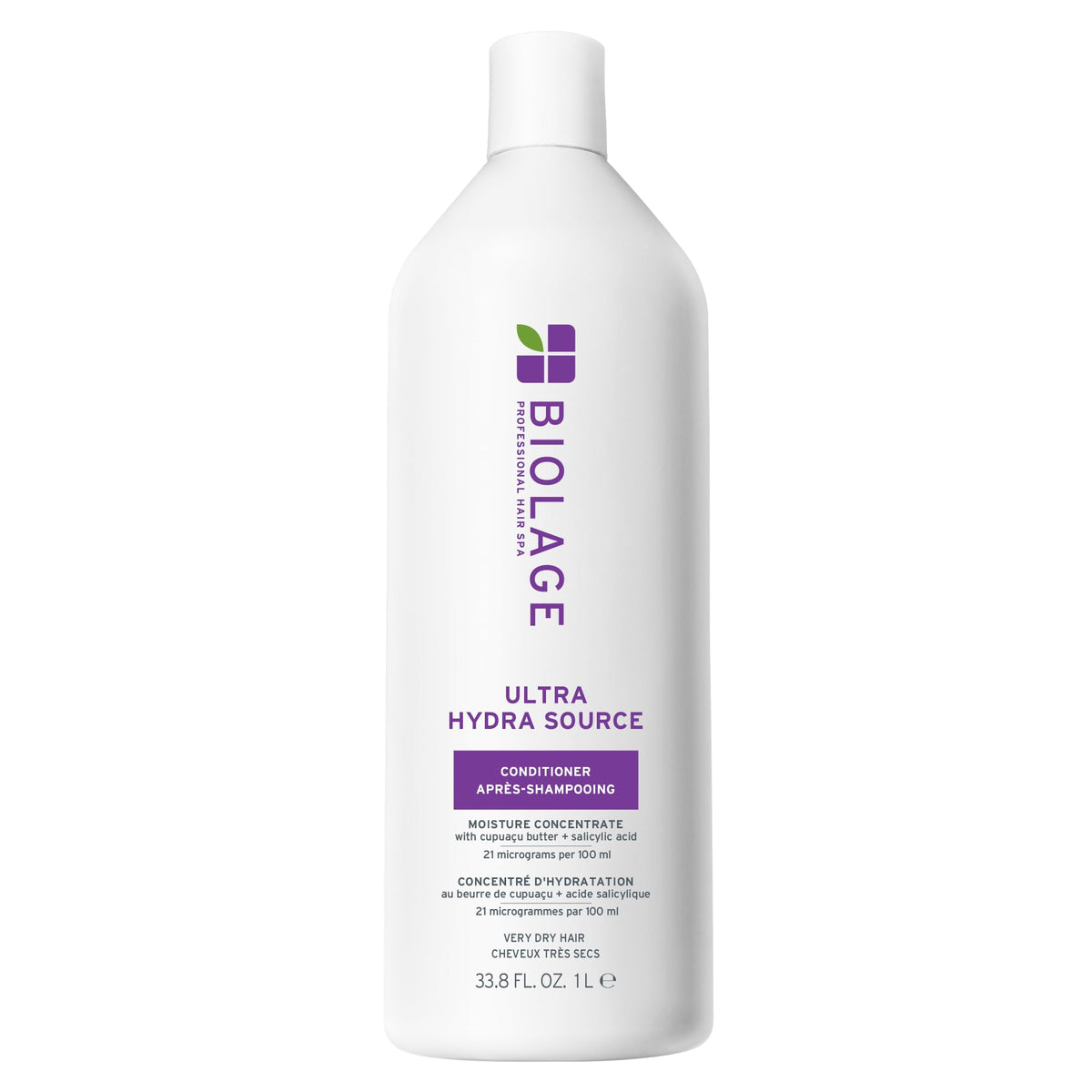 Biolage front packaging of Ultra Hydra Source Conditioner showing large 33.8 fl oz bottle and branding for long-lasting hydration