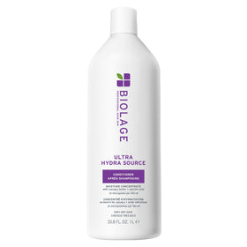 Biolage front packaging of Ultra Hydra Source Conditioner showing large 33.8 fl oz bottle and branding for long-lasting hydration