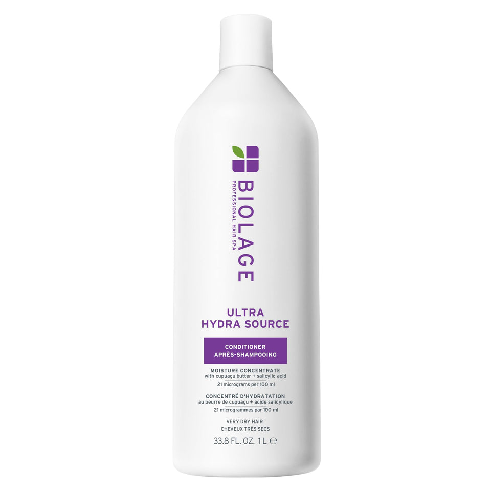 Biolage front packaging of Ultra Hydra Source Conditioner showing large 33.8 fl oz bottle and branding for long-lasting hydration