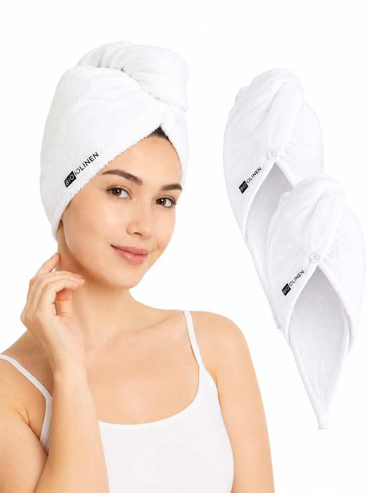 BIOLINEN front view of three white turbans showing neat compact packaging and convenience
