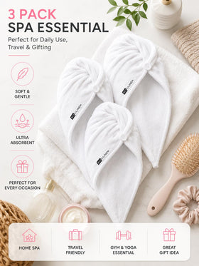 BIOLINEN lifestyle scene with turban during skincare routine showing hands-free convenience