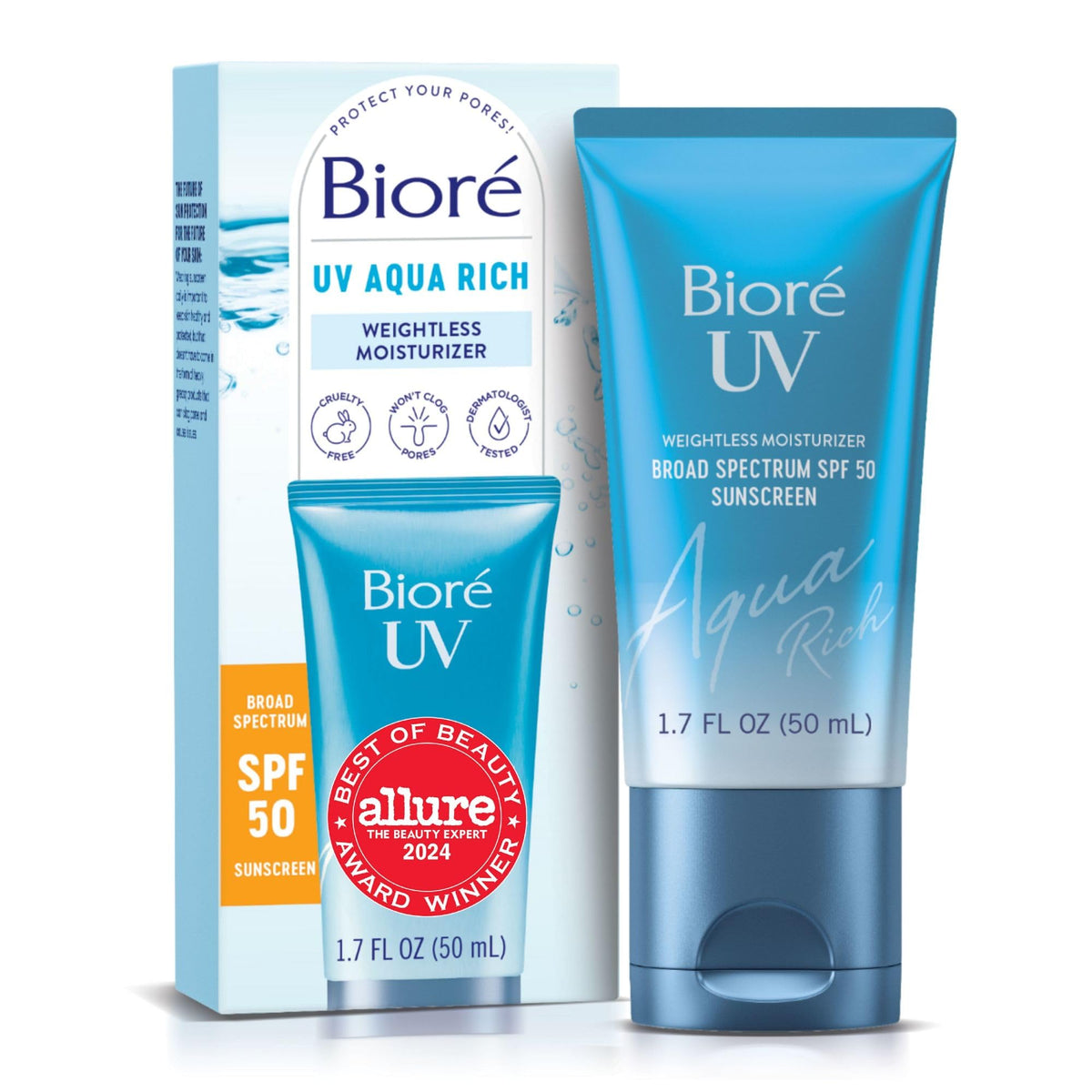 Biore product front packaging showing SPF 50 for daily protection benefit