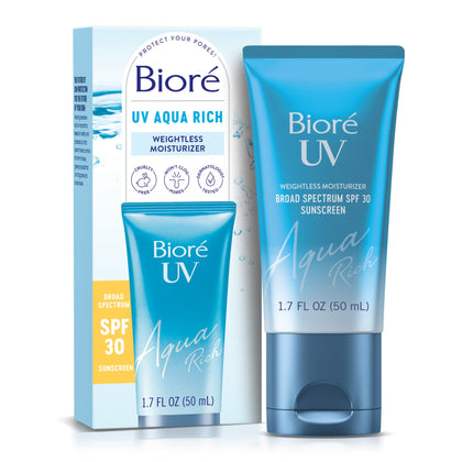Biore front tube showing product and SPF 30 for daily lightweight protection