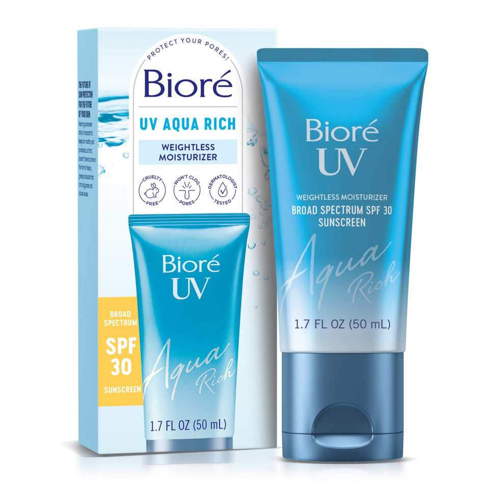 Biore front tube showing product and SPF 30 for daily lightweight protection
