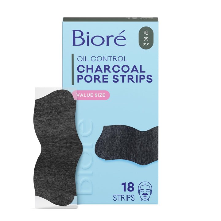 Bioré front packaging showing 18-count charcoal pore strips and benefits