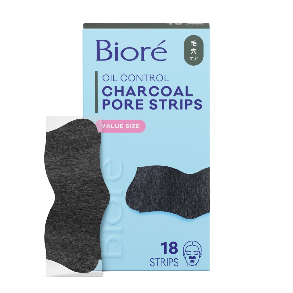 Bioré front packaging showing 18-count charcoal pore strips and benefits